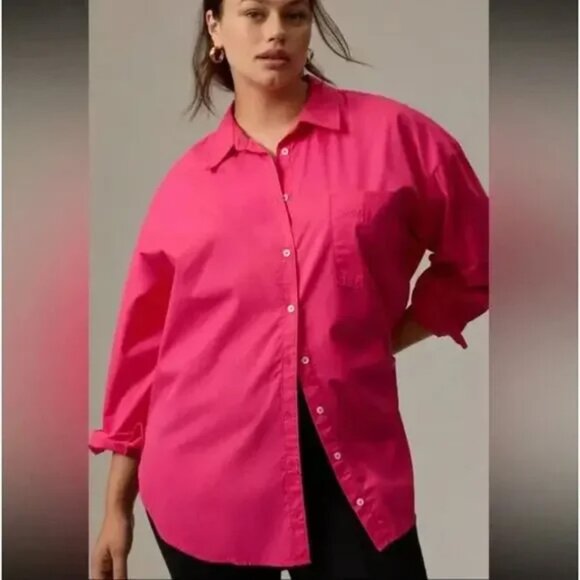 ANTHROPOLOGIE x MAEVE The Bennet Button Down Shirt Cotton Hot Pink Medium - Picture 2 of 13